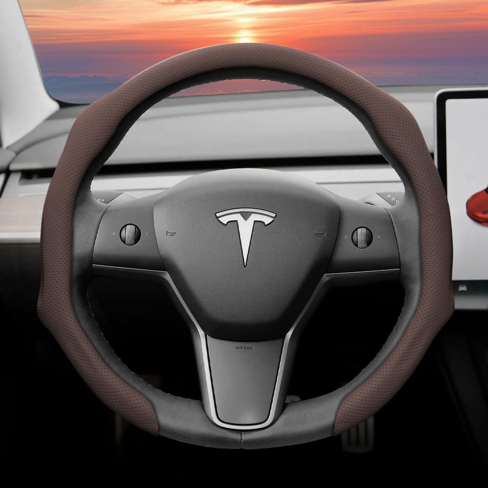 Подходит для Tesla, Чехол на перфорированное кожаное рулевое колесо, Нескользящий, Впитывающий пот, Дышащий, Интегрированный защитный чехол-защелка для Model 3 Y S