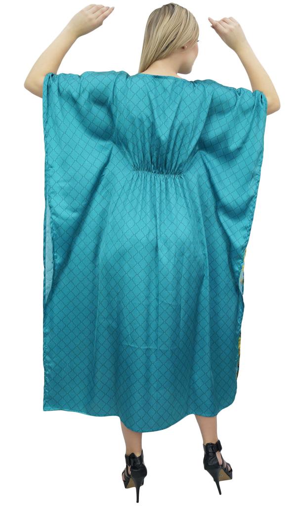 Bimba Женский атласный макси-кафтан с принтом птиц и цветов, бирюзовый