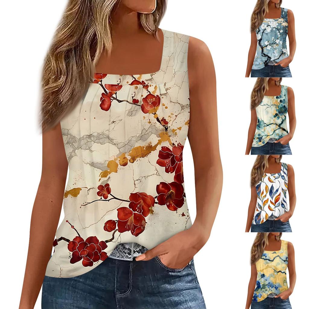 Square Collar Tank Top Women Print Tank Tee Casual Loose Fit Sleeveless Shirt