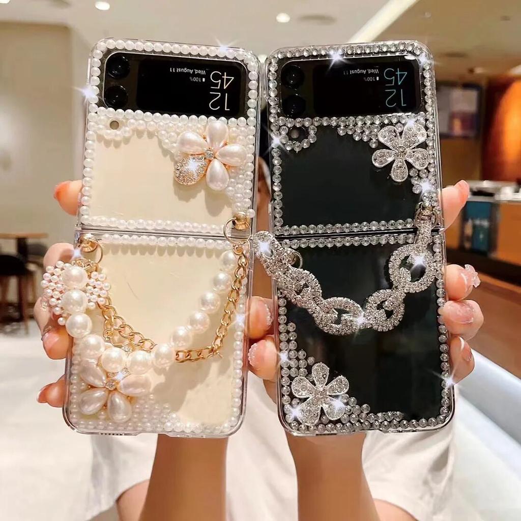 Crystal Diamond Case for Samsung Galaxy Z Flip 5 4 3 5G Rhinestones Pearl Crown Heart Wrist Shockproof Protection Cover
