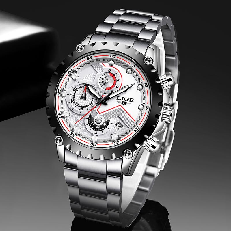 LIGE Fashion Luxury Man Watch Brand Business Stainless Steel Band Waterproof Quartz Watches for Mens Military Casual Chronograph
