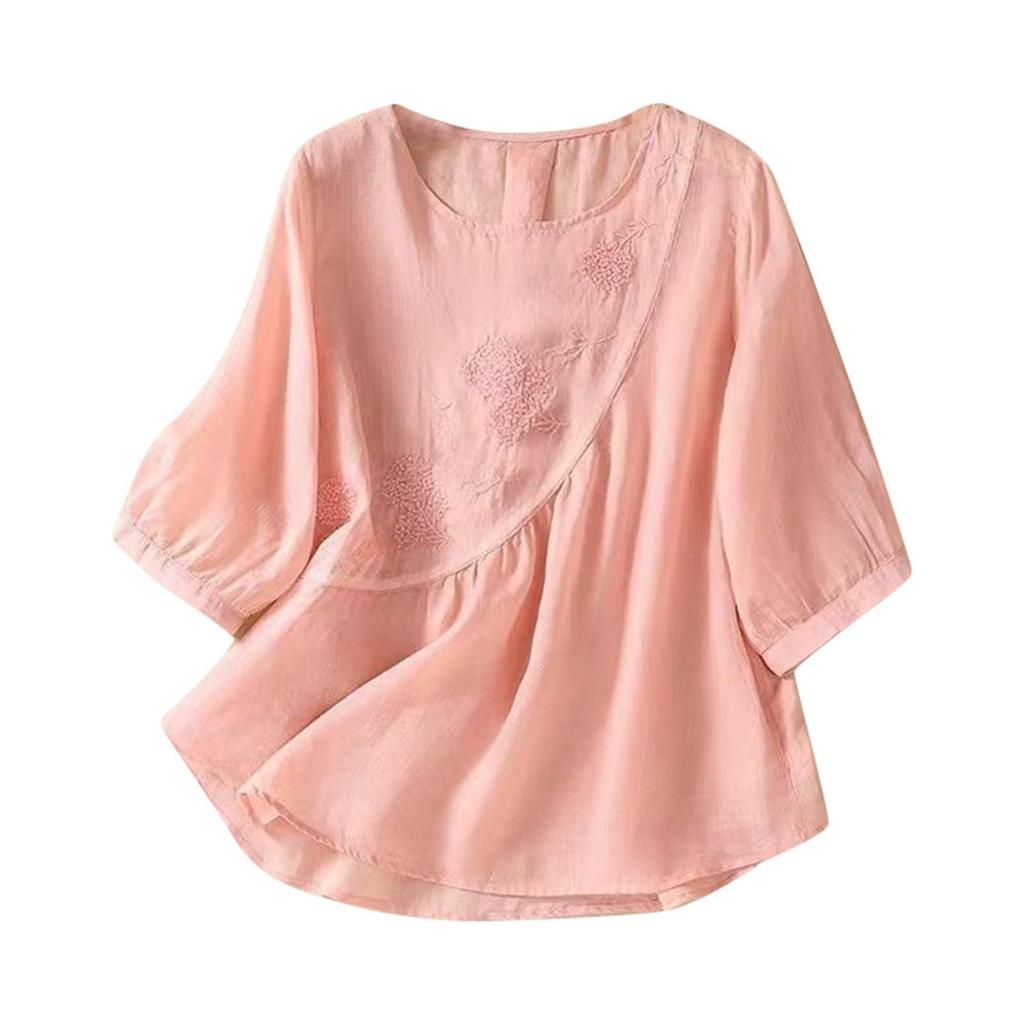 Женская модная футболка однотонная вышитая из хлопка и льна, топ больших размеров