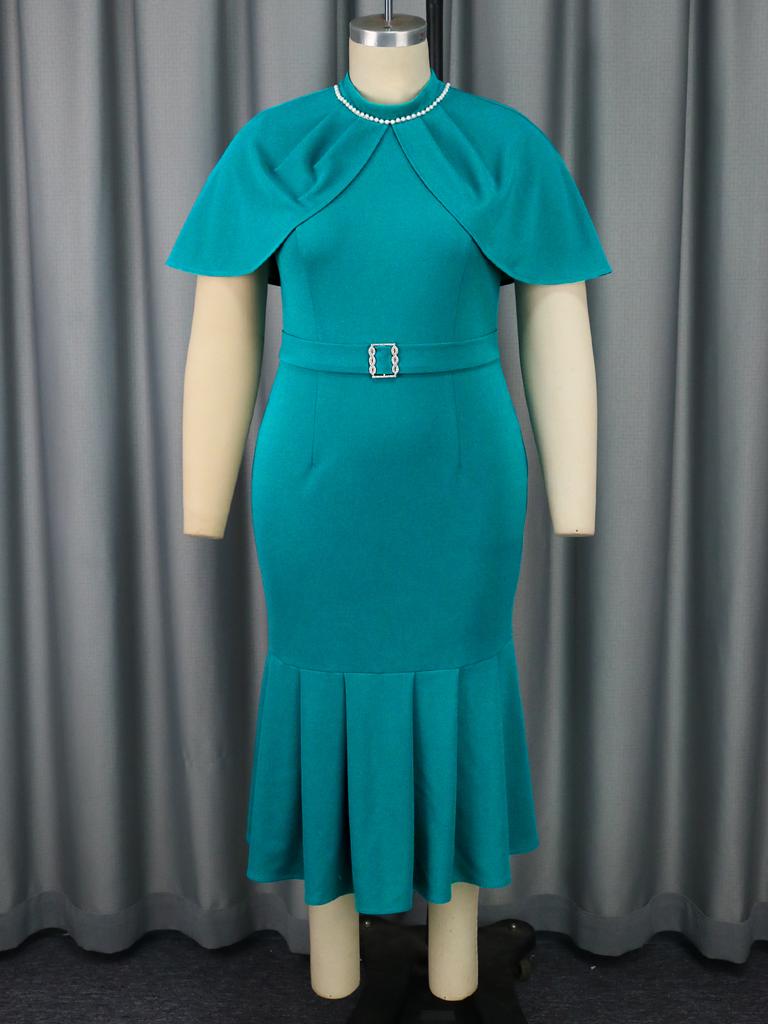 AOMEI Elegant Women Midi Dresses O Neck Beaded Cape Sleeve Bodycon Fishtail Dress for Ladies