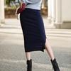 Women Midi Skirt Mid-rise Back Split Design Solid Color Knitting Skirt Hip Wrapped Office Lady Skirt
