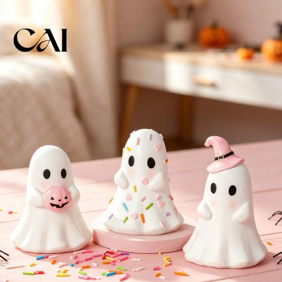 Witch Hat Ghost Figure Cute Halloween Resin Figurine, Candy Pumpkin Small Statue Desk Decor for Girls, Pink White Kawaii Tabletop Ornament Figurine