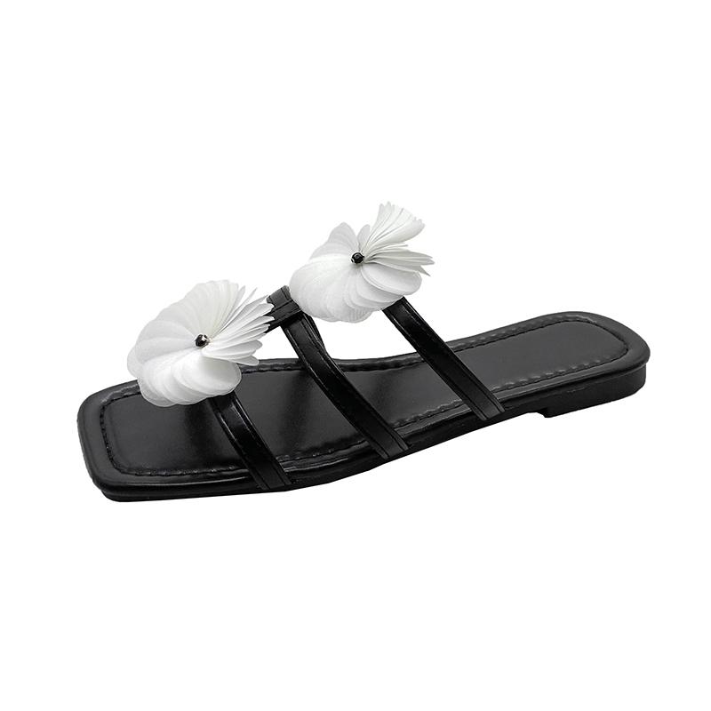 Fashion Aphixta Women Flat With Slides White Flower Dec Woman Slippers Summer Beach Square Toe Casual Shoes Woman 2025 Trend Shoes