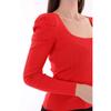 Women's Red Sleeve Pleated Gathered Princess Sleeve Square Collar Blouse Sweater