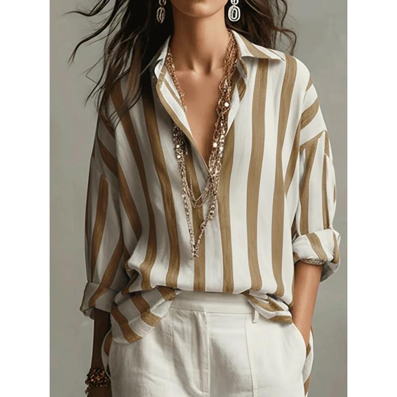 Womens Loose Fit Striped Turn-Down Collar Shirt Long Sleeve Casual Office Wear 2026