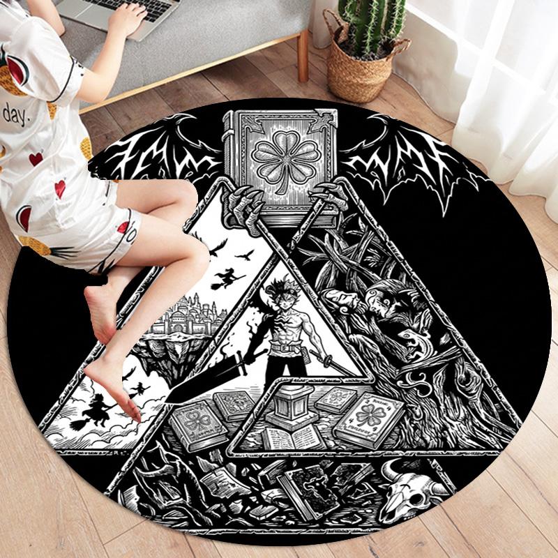 Black Clover Round Area Rug Carpet Rug For Living Room Bedroom Sofa Playroom Decor Nonslip Floor Mat