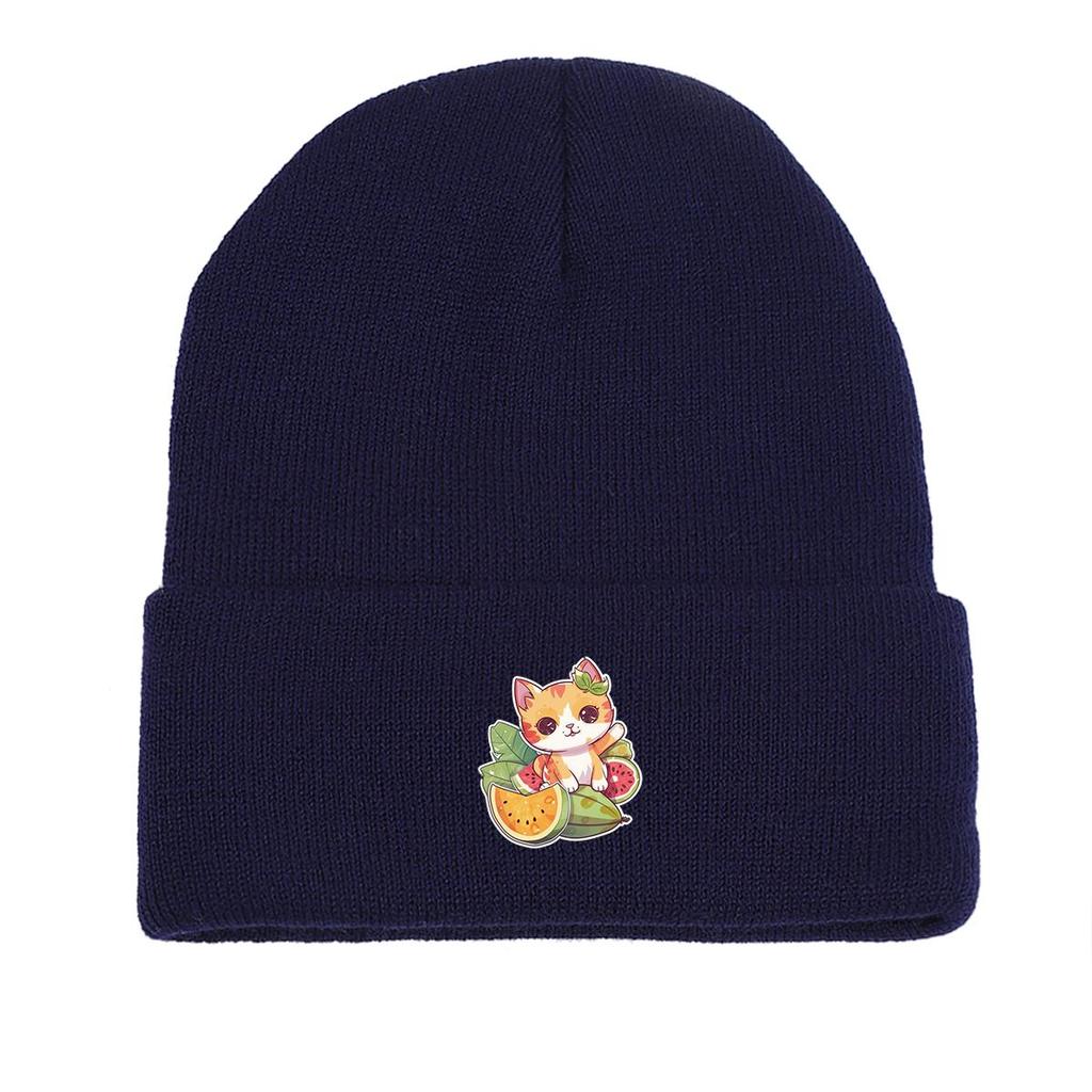 Cat Fruit Print Knit Cap Beanie, Skullies Beanies Winter Stretchy Sporting Bonnet Knitted Hat Beanie