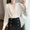Spring And Autumn Sexy V-neck Blouse Women Office Lady Satin Tops Elegant Long Sleeve Shirt V-neck Fashion Clothes 19091