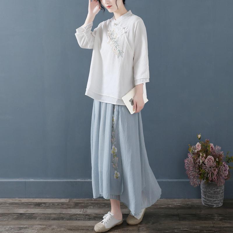 Рубашки женские с длинным рукавом, льняная рубашка на пуговицах, хлопковая вышивка Vintago, большие размеры, женские топы, блузка с круглым вырезом, повседневная белая