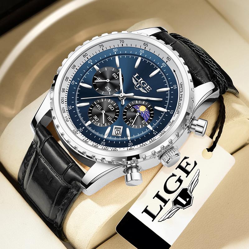 LIGE Luxury Classic Quartz Man Watch Fashion 24H Moon Phase Steel Band Casual Sports Waterproof Luminous Auto Date Men's Watches