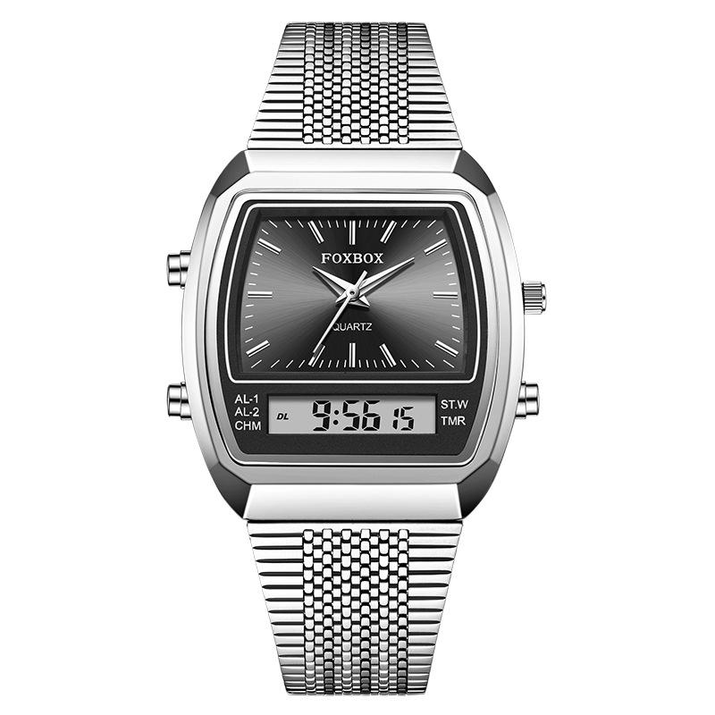 FOXBOX Couple Watch Business Casual Waterproof Dual Display Digital Wristwatch Mesh Band Silver