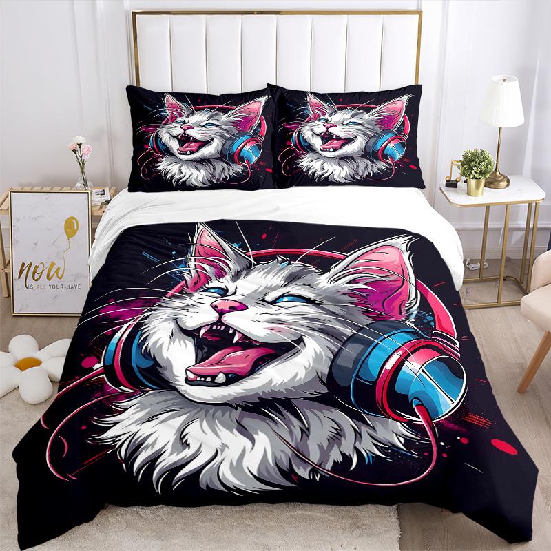 3pcs Cool Cat Headphones Bedding Set - 1 Soft Quilt Cover + 2 Pillowcases, Machine Washable - Suitable for All Seasons, Perfect Gift for Fam