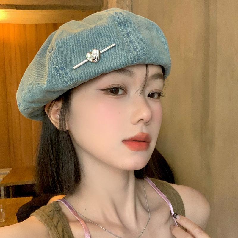 Love Metal Sign Cowboy Berets for Women Blue Denim Washed Cotton Octagonal Painter Hat Korean Casual Versatile Retro Newsboy Cap Vintage Painter Hats