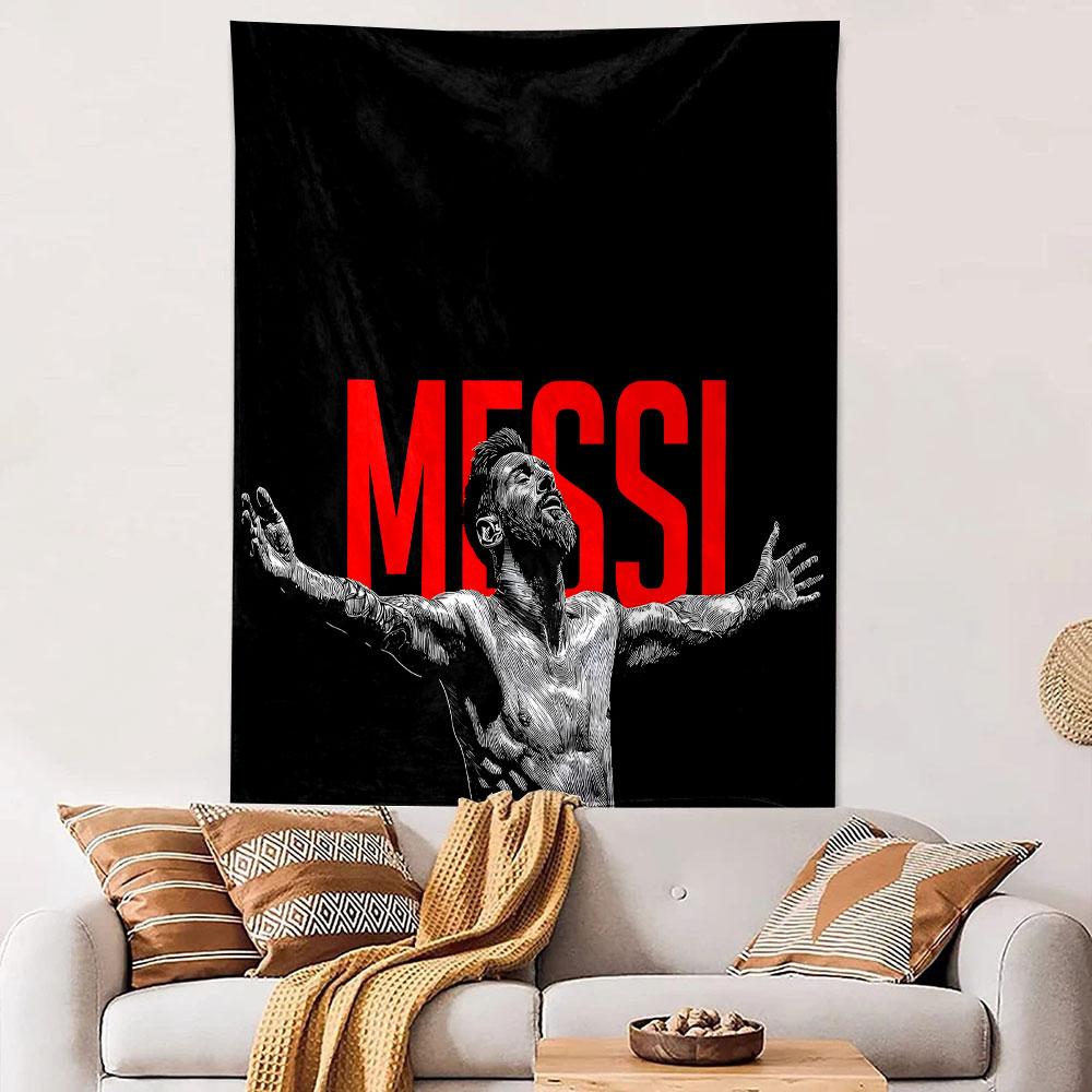 Messi Artwork with Bold Red Text Patterned tapestry home decor, suitable for bedroom and living room, gift