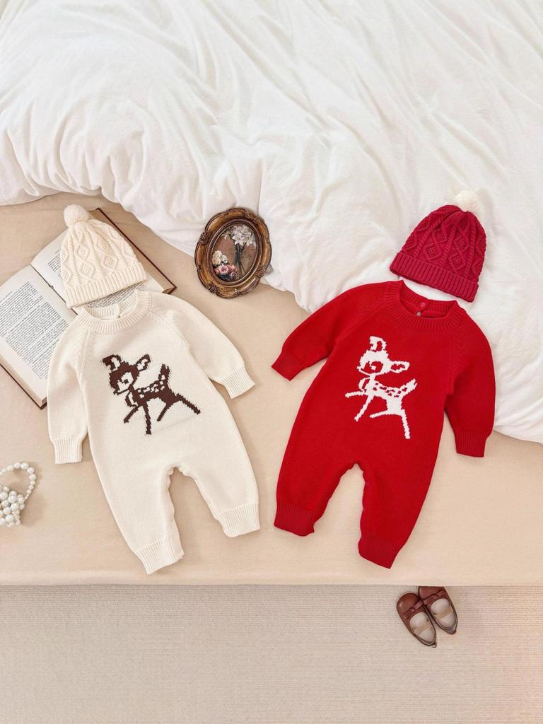 Best-Selling Knitted Plum Blossom & Deer Romper for Babies - Pure Cotton Spring & Autumn Suit for Boys and Girls (Full Moon, One Year Old)