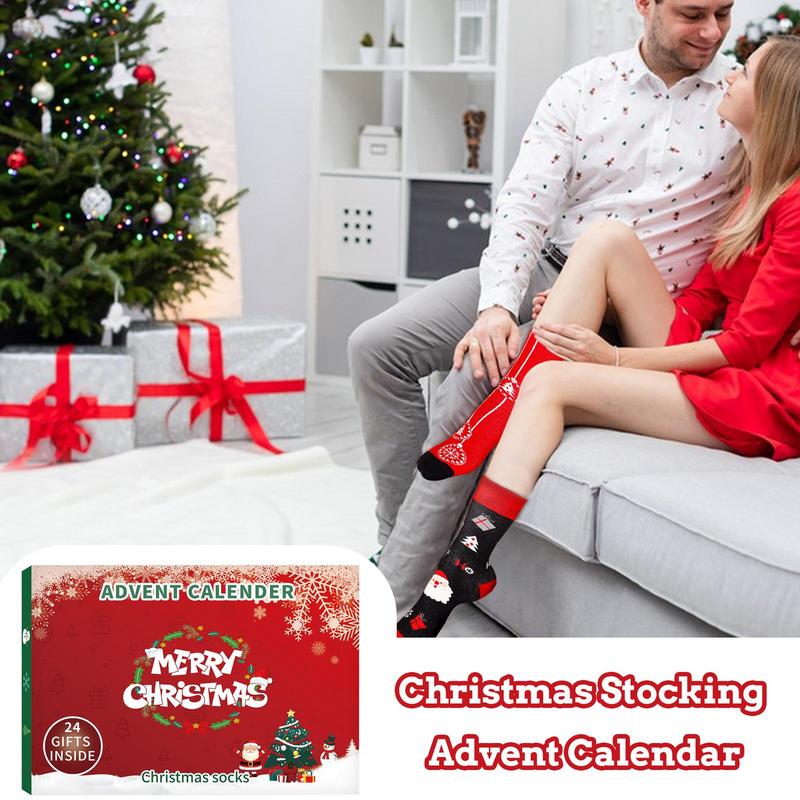 Набор адвент-календаря «Рождественские носки 2025» 24 дня хлопковых носков с разными узорами для взрослых Адвент-коробка праздничный подарок