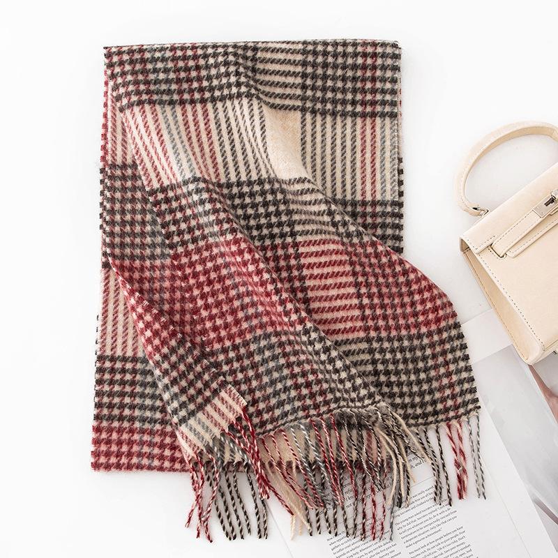 Autumn And Winter Plaid Wool Scarf Women'S Versatile Fringed Warm Scarf Comfortable 100% Real Wool Scarf