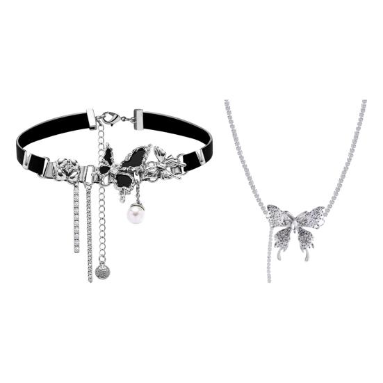 Women Chokder with Butterfly Charm Faux Pearl Hollow Chain Tassel Decor Punk Dark Style Club Party Necklace Faux Leather Adjustable Necklace