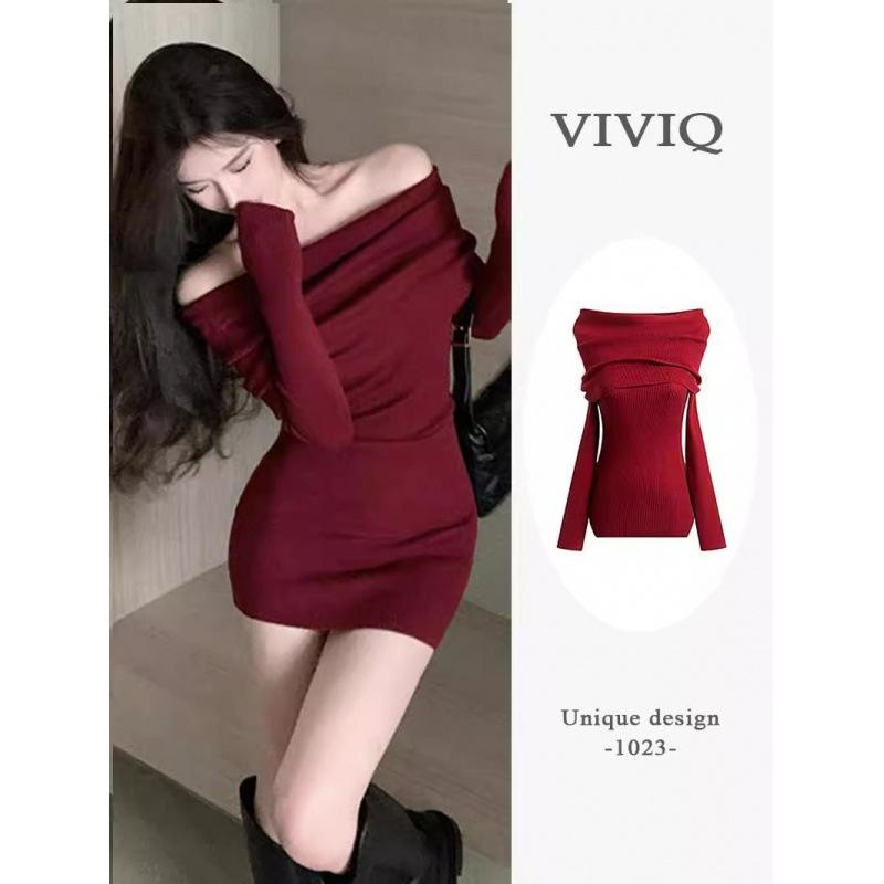 Autumn women's clothing new high-end long-sleeved shoulder-knitted dress red hip-wrapped short skirt children