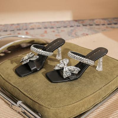 7318 туфли-шлепанцы на высоком каблуке женские стилет 2025 новые на хрустальном каблуке крутые шлепанцы сандалии со стразами с бантом.