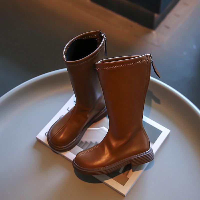 2024 Girls High Boots Kids Fashion Chic Solid Black Uniform Party Shoes Back Zip Winter Warm Breathable Low Heels Children Boots