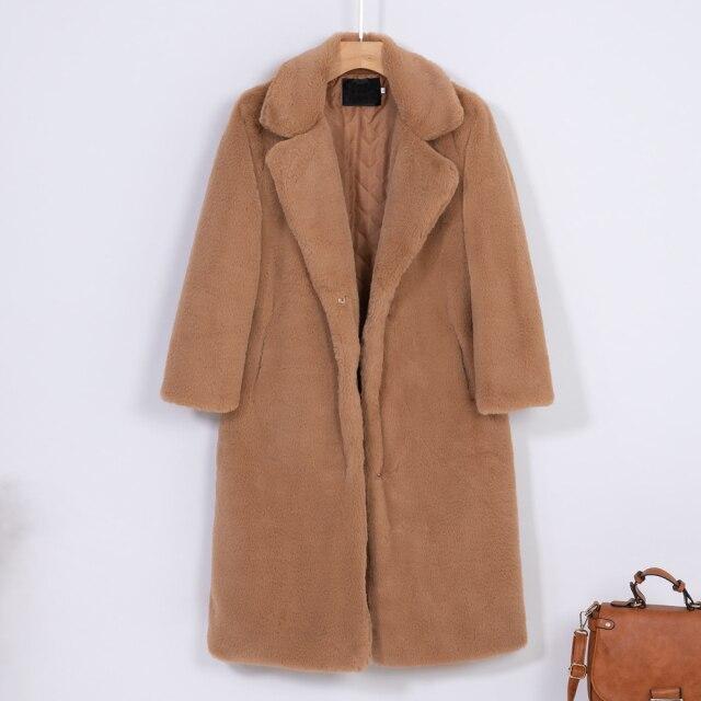 Women Winter Warm Faux Fur Coat Thick Women Long Coat Turn Down Collar Women Warm Coat With Belt Casaco Feminino