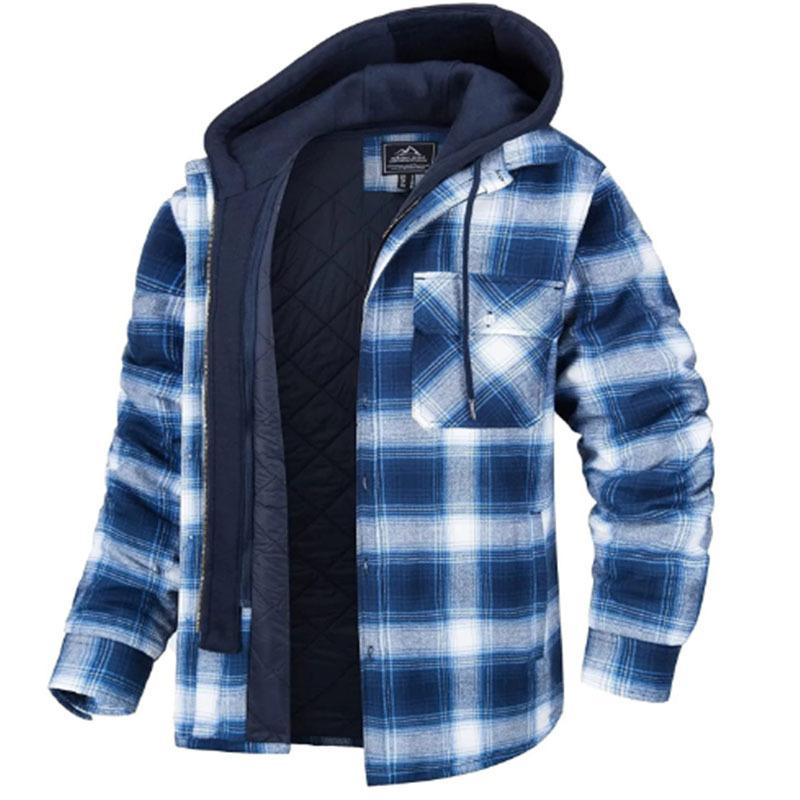 Men's Flannel Shirt Jacket with Removable Hood Plaid Quilted Lined Winter Coats Thick Hoodie Outwear Man Fleece Shirts