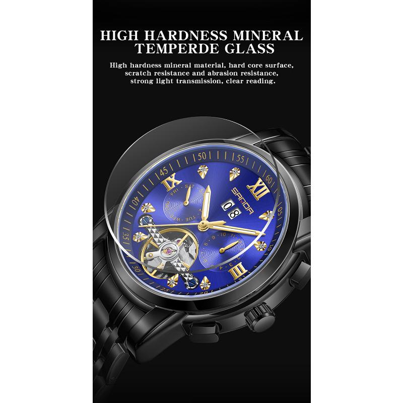 SANDA Новый продукт, мужские автоматические механические часы со стальным ремешком, кварцевые модные полые мужские часы