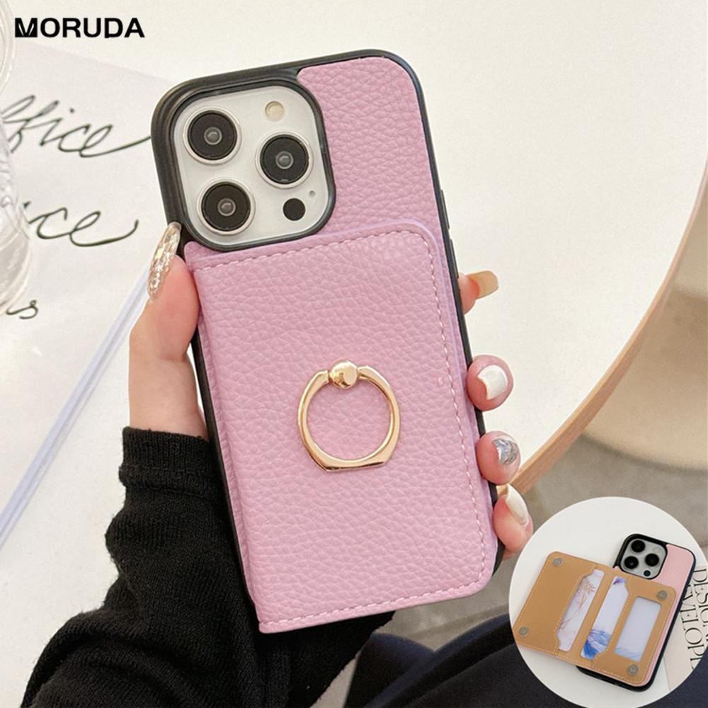 Ring Holder Flip Wallet Case For iPhone 11 12 13 14 15 Pro Max X Xs Max 13 Mini Litchi Leather Card Slot Soft Candy Color Cover