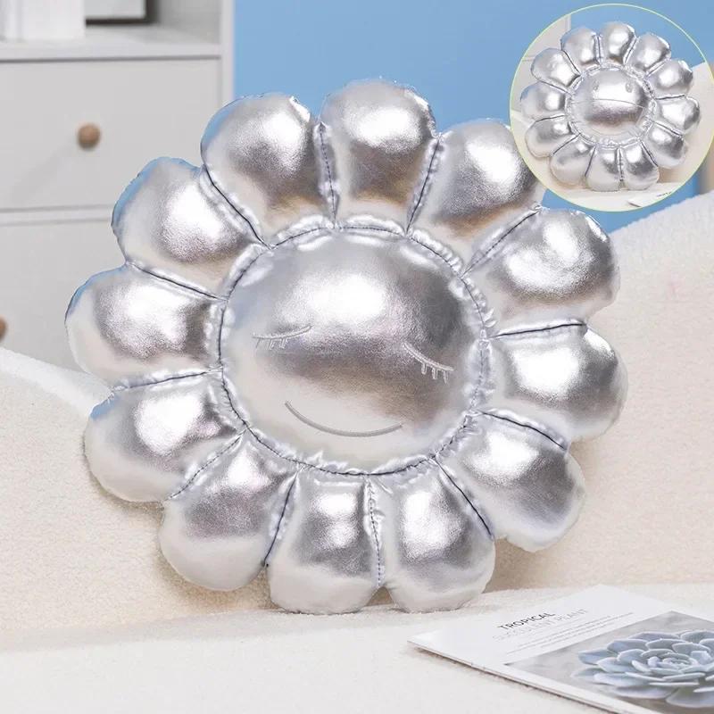 Silver Flower Cushion,Sunflower Plush Pillows for Bedroom Aesthetic, Soft Smiley Face Pillow Flower Floor Cushion