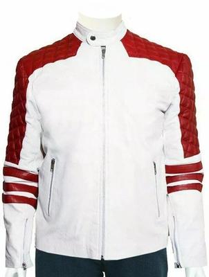 Biker Jacket Motorcycle Stylish Lambskin Original Leather Handmade Red & White  Men's Genuine