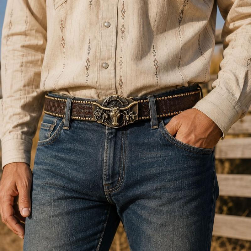 Western Cowboy Leather Belt Men Women Vintage Carved Eagle Bull Head Buckle Wide PU Casual Stylish Accessory