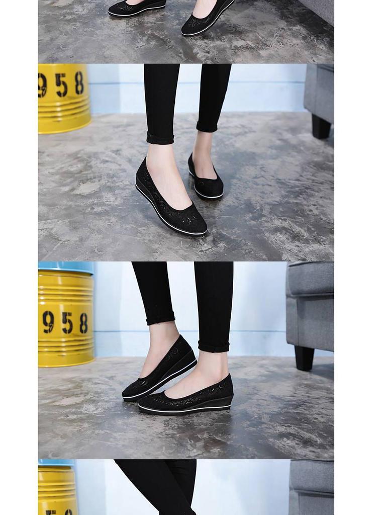 2025 New Style Women's Black Mesh One-Strap Wedge Heel Nurse Shoes, Flat Bottom with Hollow Design.