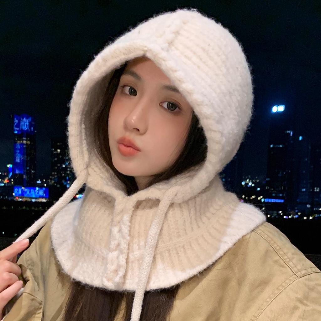 New Hat Women's Autumn and Winter Knitted Hooded Scarf Integrated Thermal Ear Hat