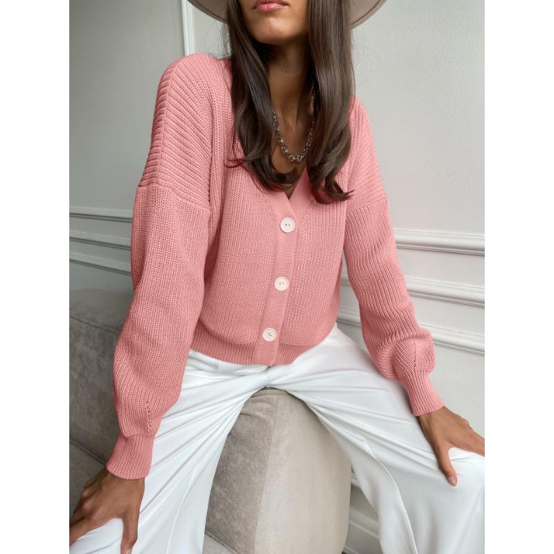 Single Breasted Cardigan V-neck Short Sweater Women Long Sleeved Warm Jacket Solid Color Knit Base Shirt Commut Loose Casual Autumn Winter