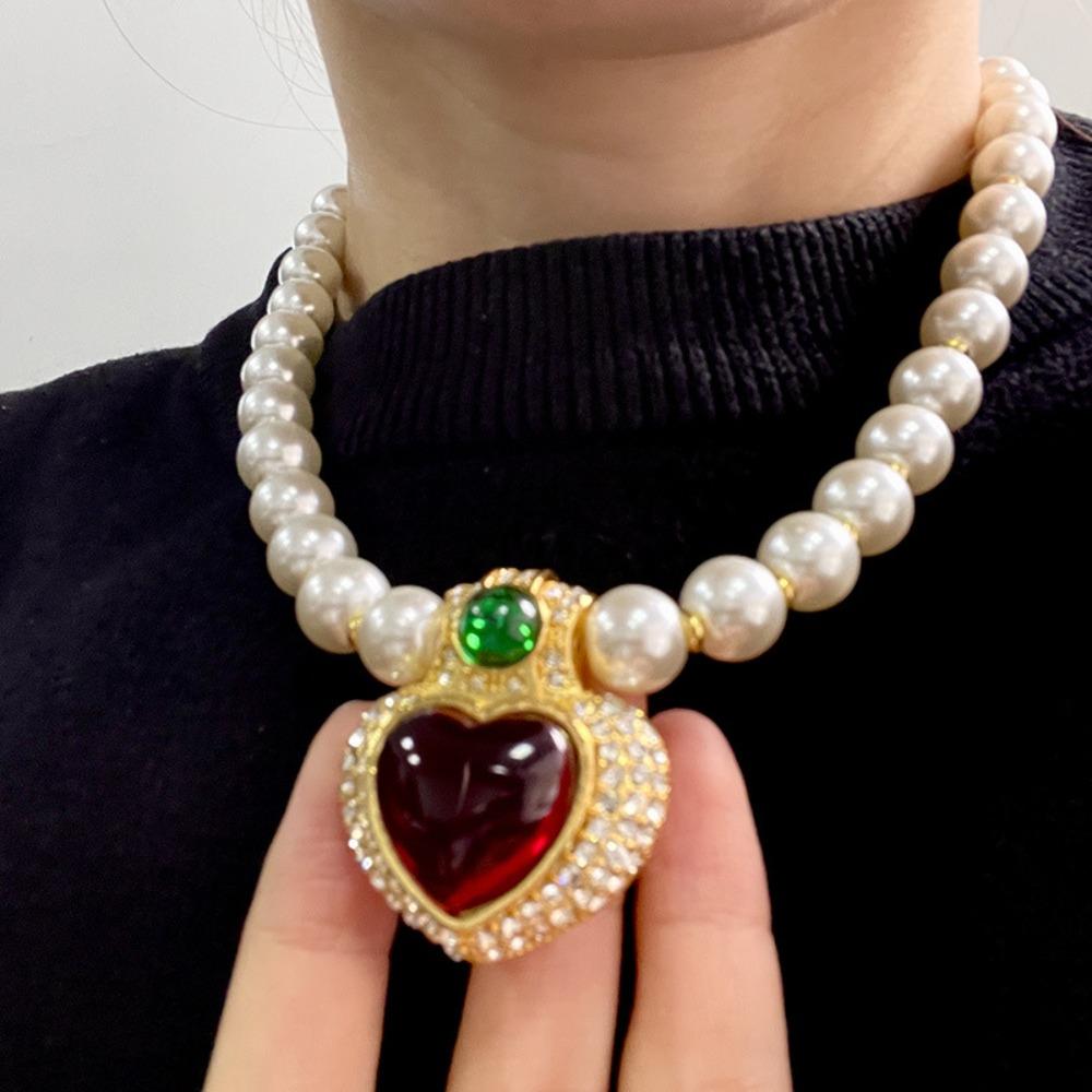 Жемчужный чокер Жемчужная цепочка Ожерелье Винтажная жемчужная цепочка для ключиц Подвеска в виде красного хрустального сердца Подарок