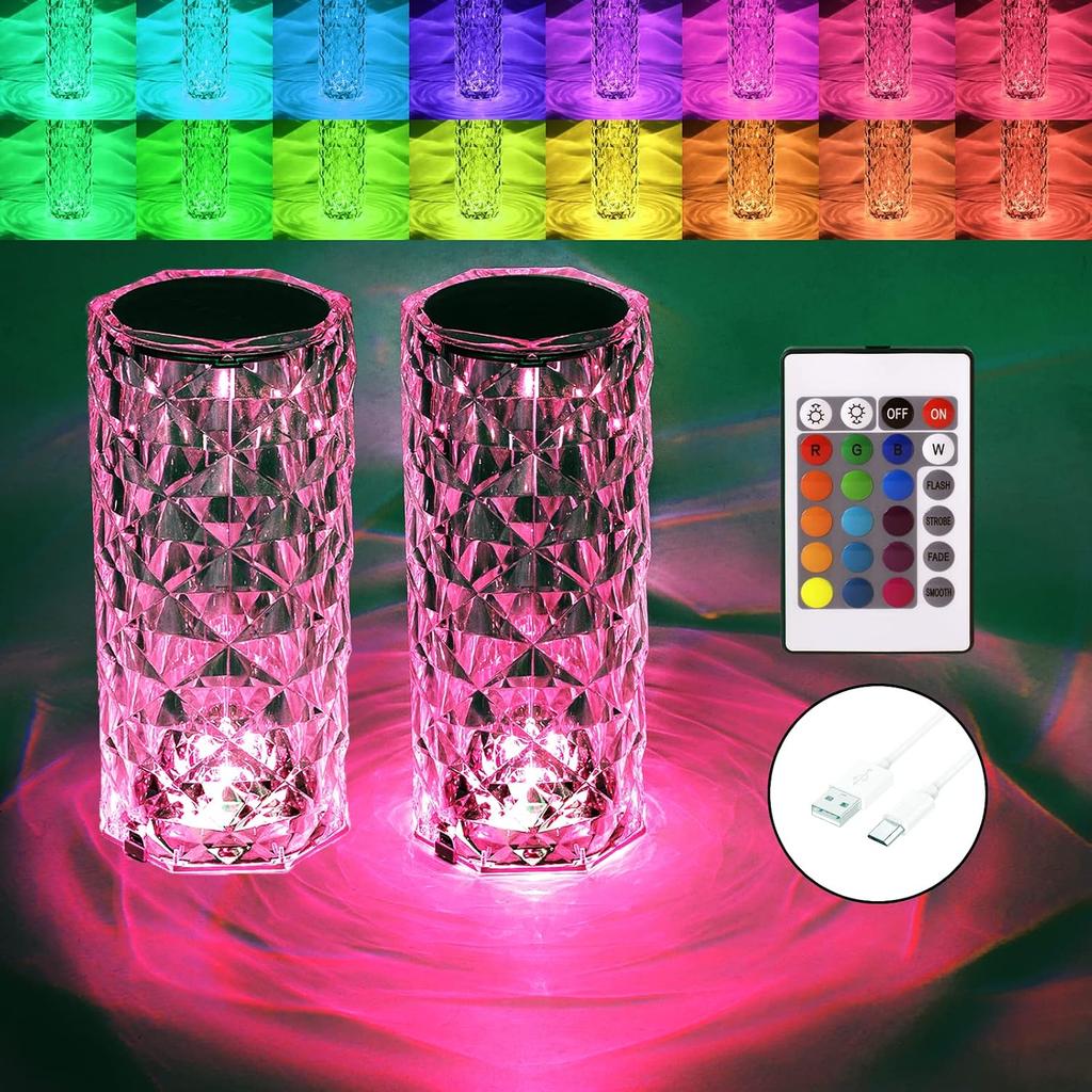 BGFHome 2 Pack Crystal Table Lamp 16 RGB Color Changing Rose Diamond Touch Lights, Protable Rechargeable Cordless Bedside Night Light with Remote,