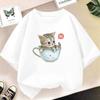 Summer children's T-shirt cute cat girl printed top short sleeved round neck shirt