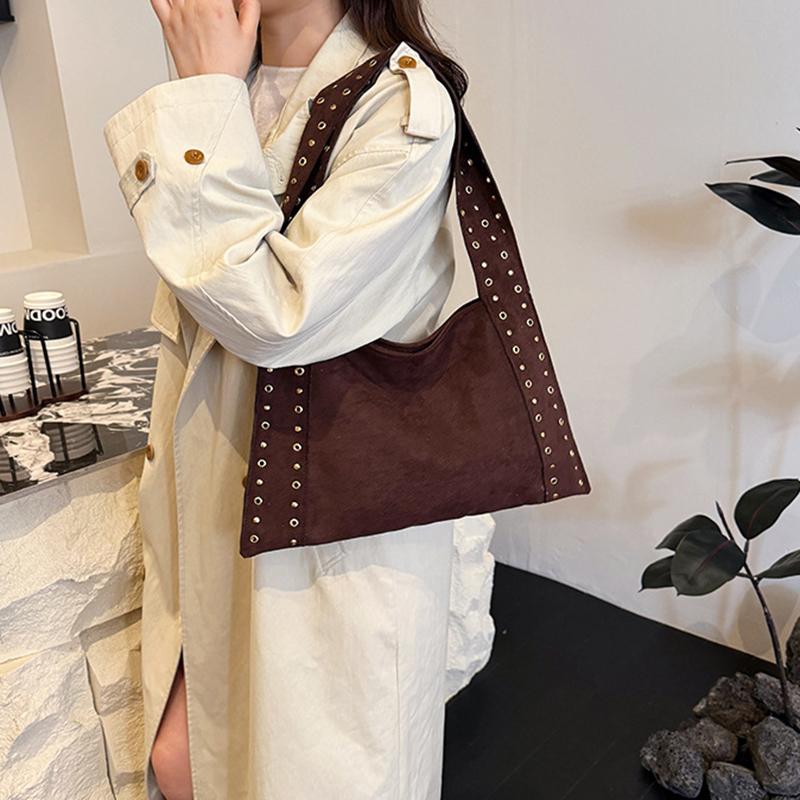 Ретро Замшевые Сумки через Плечо с Заклепками, Рабочие Сумки из ПУ Кожи, Большая Сумка-Тоут, Мешковатая Сумка-Локомотив для Женщин, для Путешествий, Зима, Осень