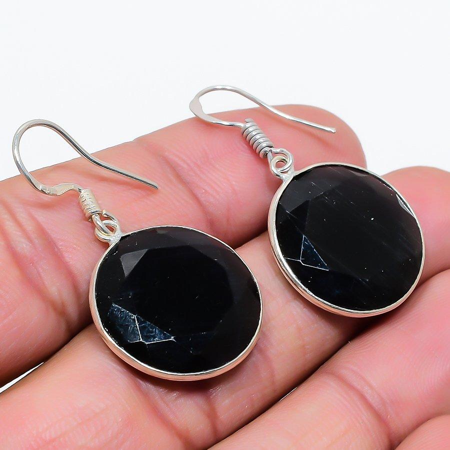 Black Spinel Gemstone Handmade 925 Sterling Silver Jewelry Earring 1.58" GK-6168
