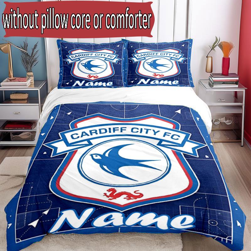 3pcs Duvet Cover Set (1*Duvet Cover + 2*Pillowcase, Without Core), Custom Name Cardiff City FC Pattern Bedding Set, Home Bedroom Decor Gift