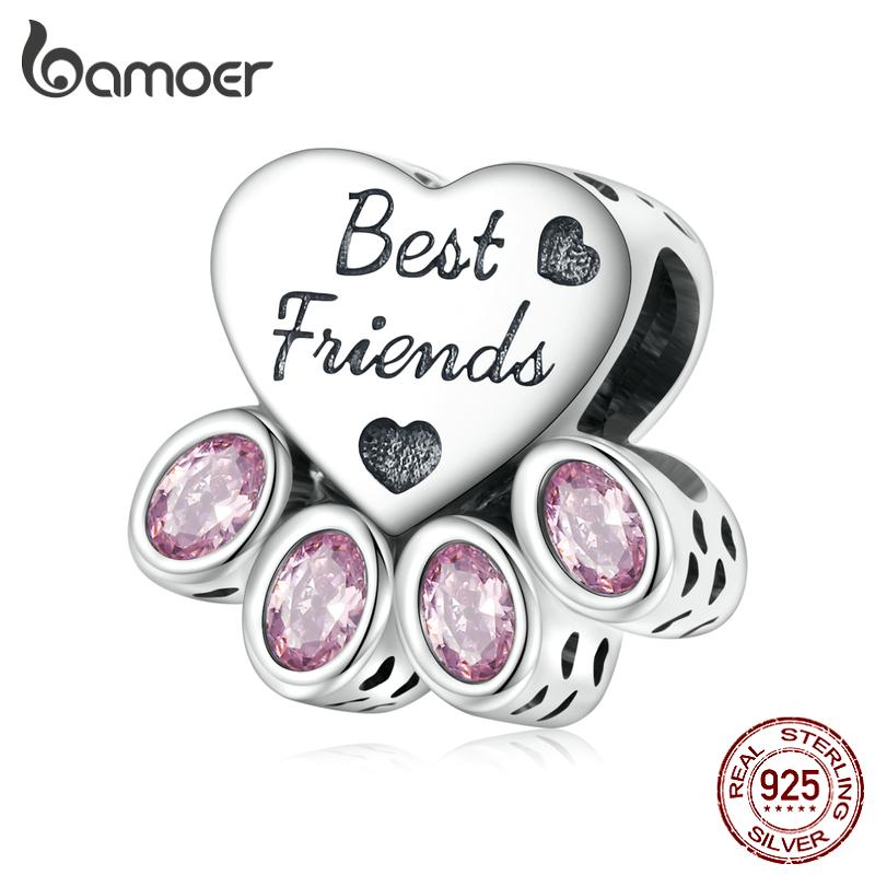 BAMOER из стерлингового серебра 925 пробы, оригинальные розовые овальные циркониевые бусины в форме собачьей лапы для женщин, изящные ювелирные изделия