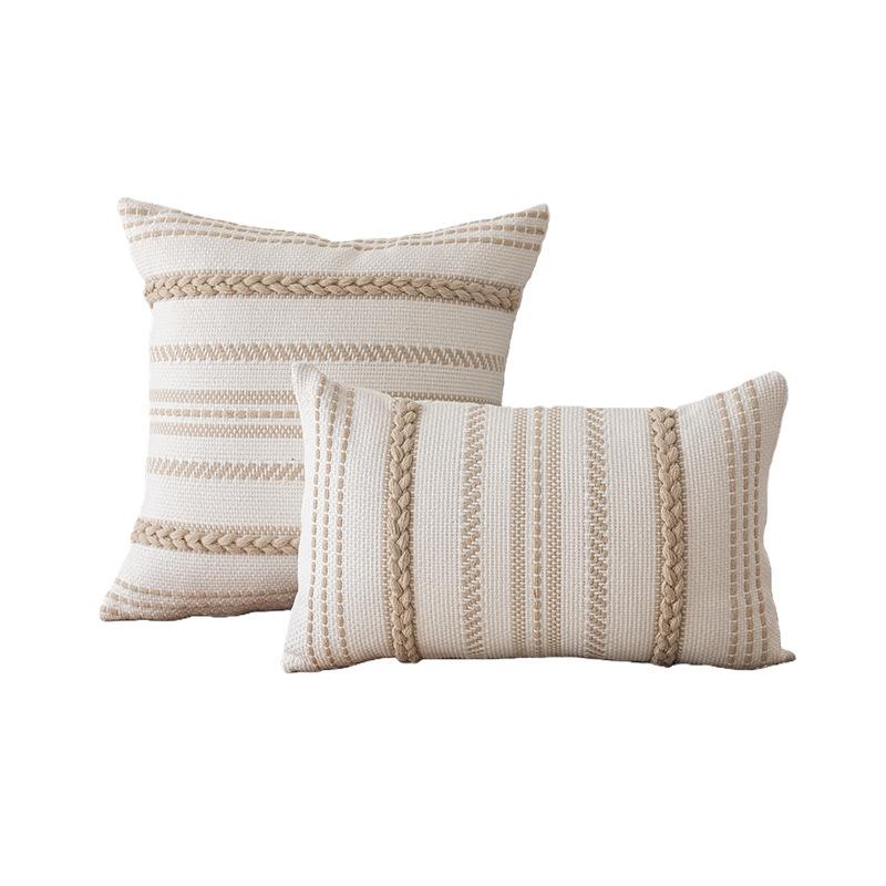 Modern Beige Striped Cotton Pillow Covers-Washable Throw Pillow Cases for Home Decor Hotel Use Sofa Bed Decor