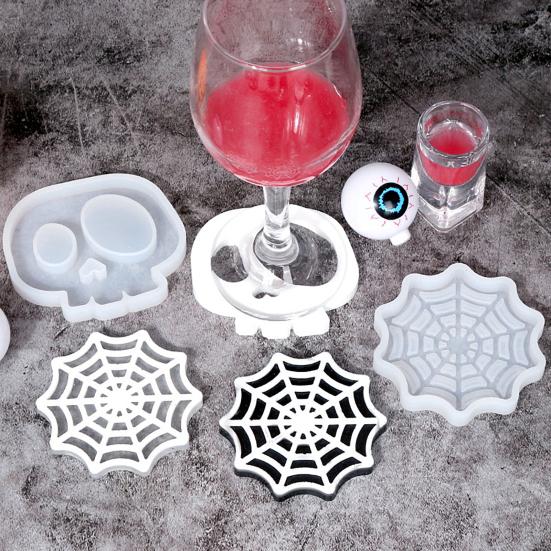 Halloween Coaster Resin Mold Skull Spider Web Tombstone Shape DIY Craft Epoxy Resin Casting Silicone Candle Cup Holder Candle Mould