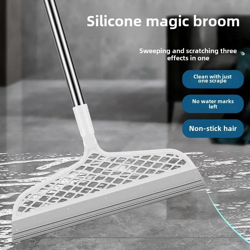 Long Handle Silicone Broom Waterproof Floor Scraper Pet Hair Catcher Multi Surface Cleaner for Bath Kitchen Hardwood Tiles