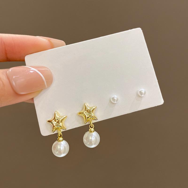 Two pairs of pearl star earrings women's mini versatile temperament set earrings New Internet celebrity ear jewelry