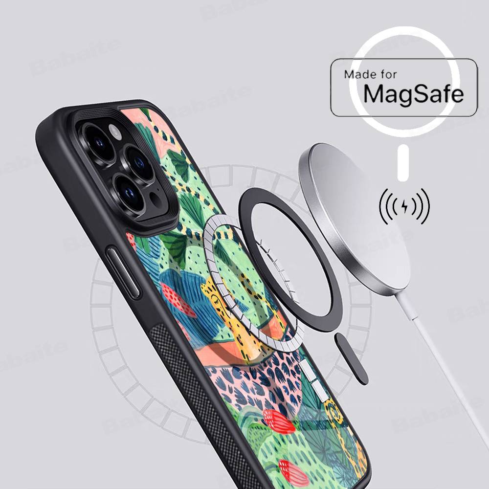 Иллюстрация Арт Джунгли Змея Кошки Ленивец Для Чехла Телефона Magsafe Для IPhone 16 15 11 12 13 14 17 Pro Max Plus Магнитный Беспроводной